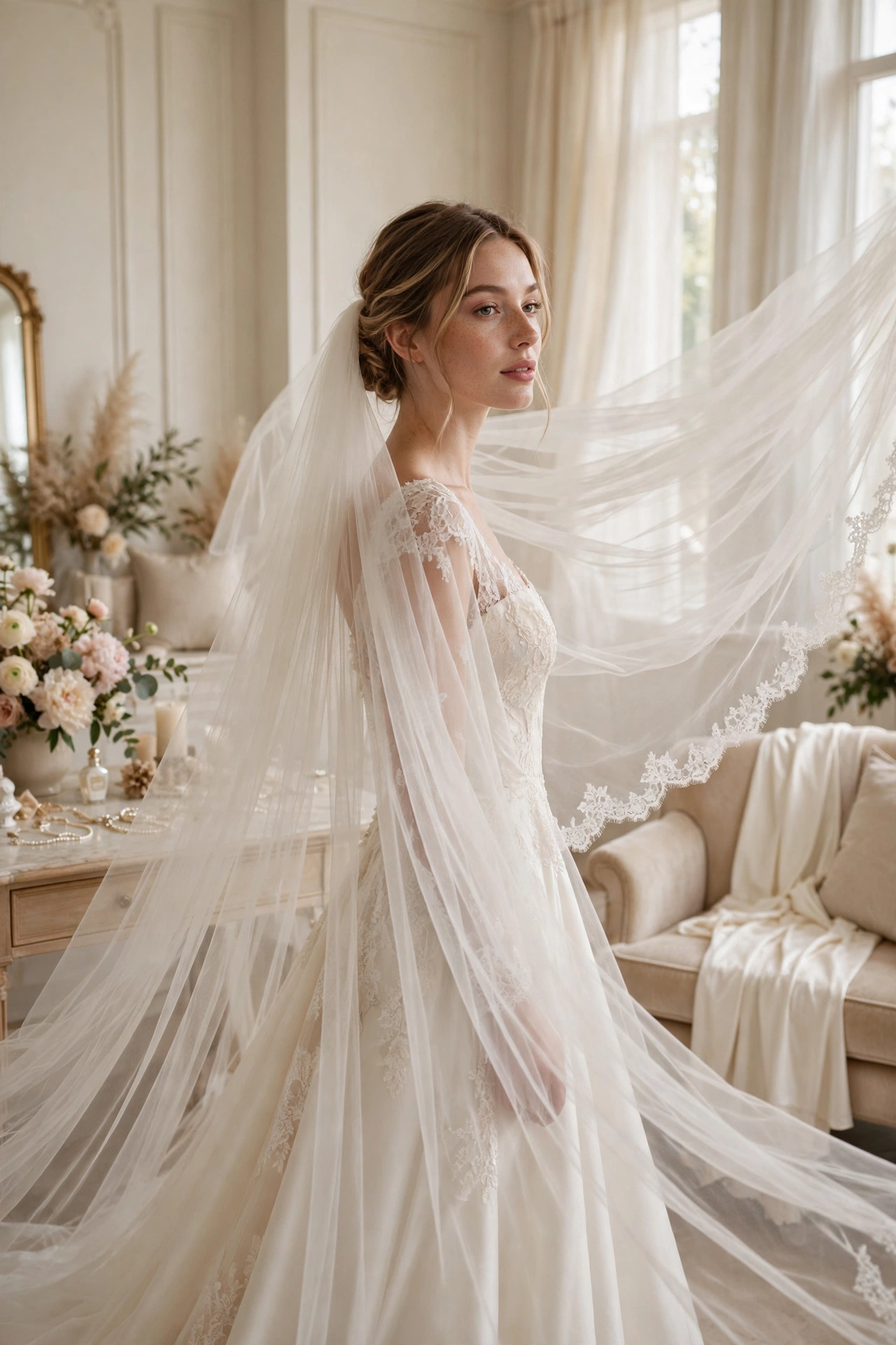 Bride wearing a cathedral-length wedding veil with lace edge in a bright bridal suite