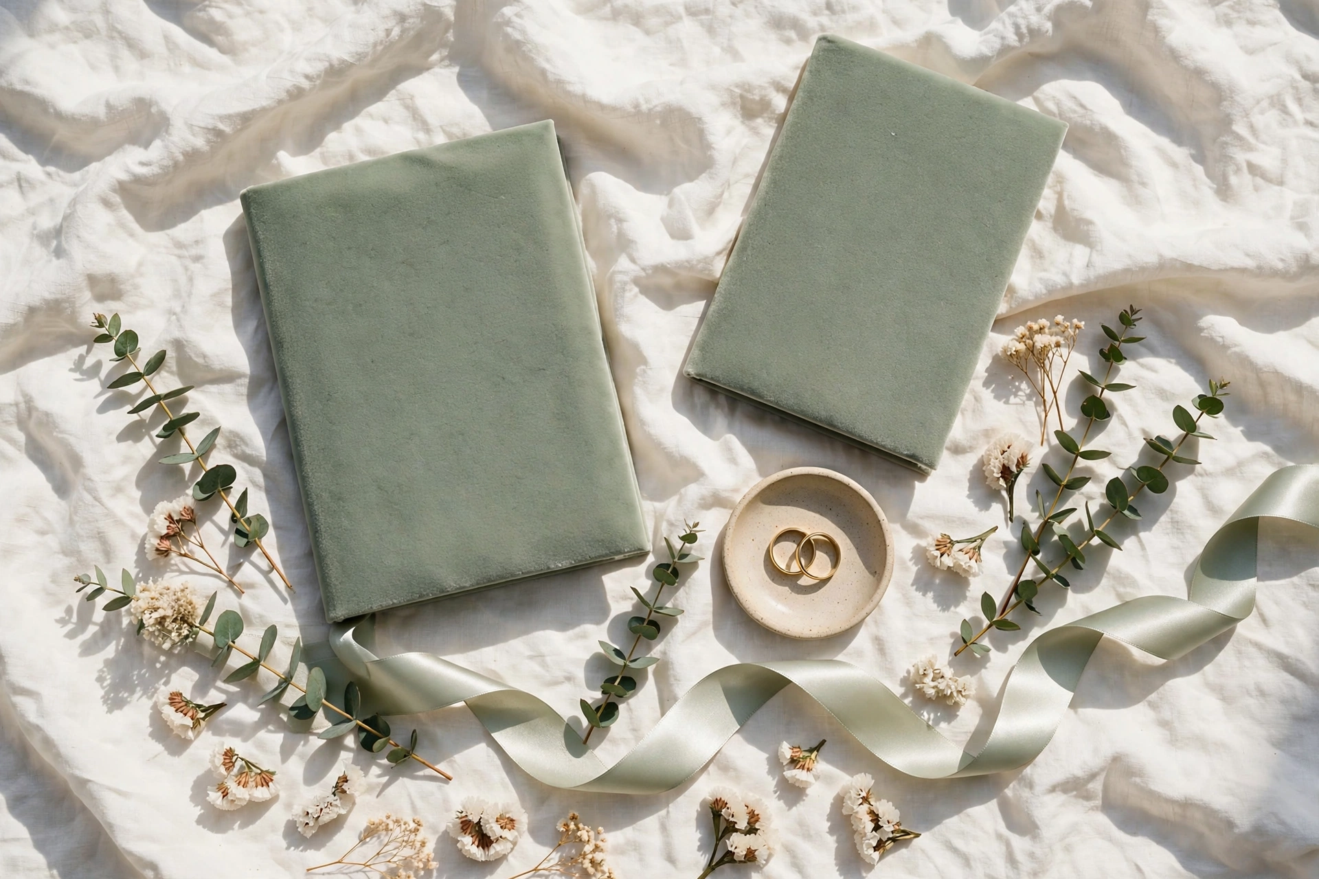 Flat-lay of sage green velvet wedding vow books with gold wedding bands and eucalyptus on linen