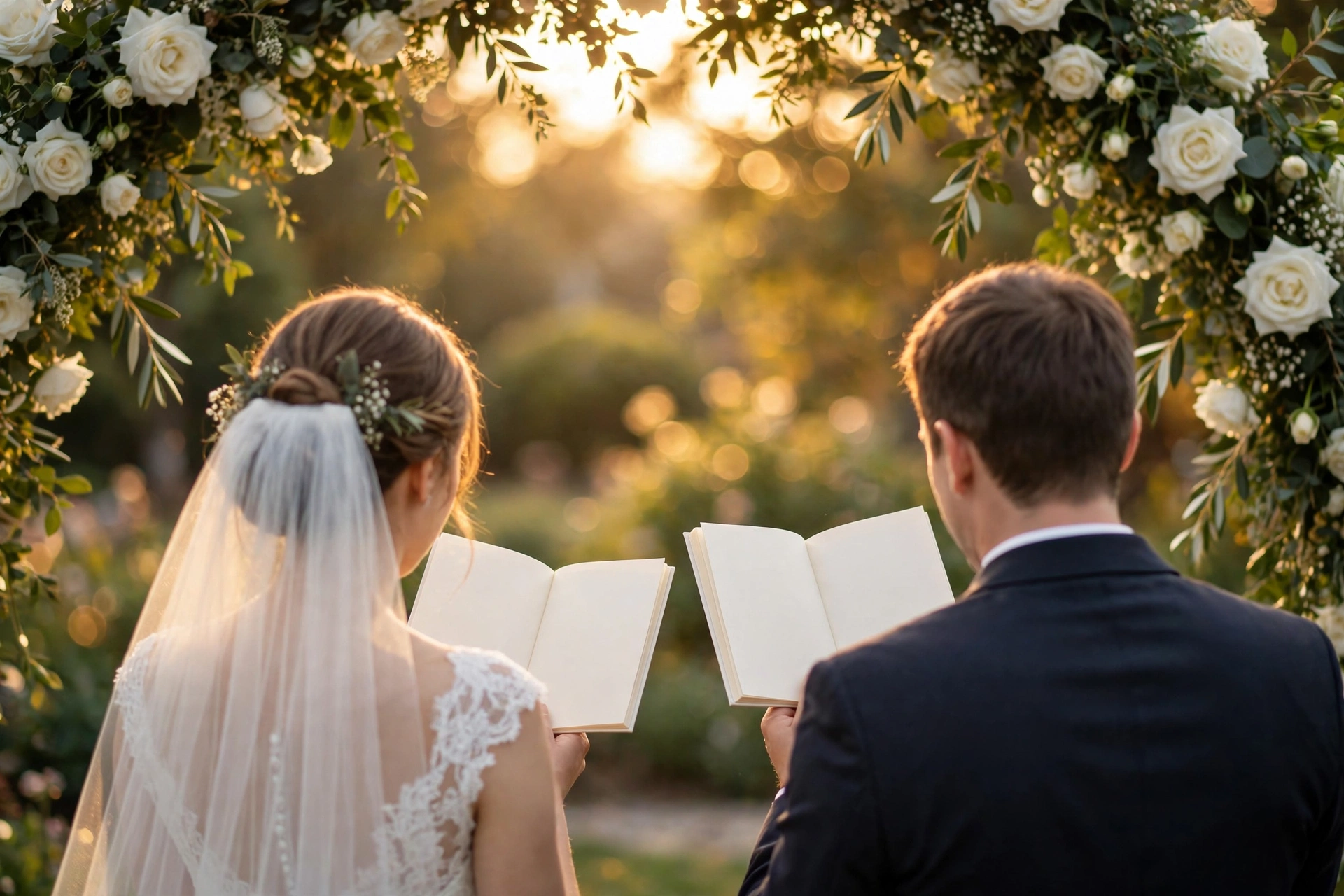 Couple at the altar holding open vow books while reading their vows under a floral arch