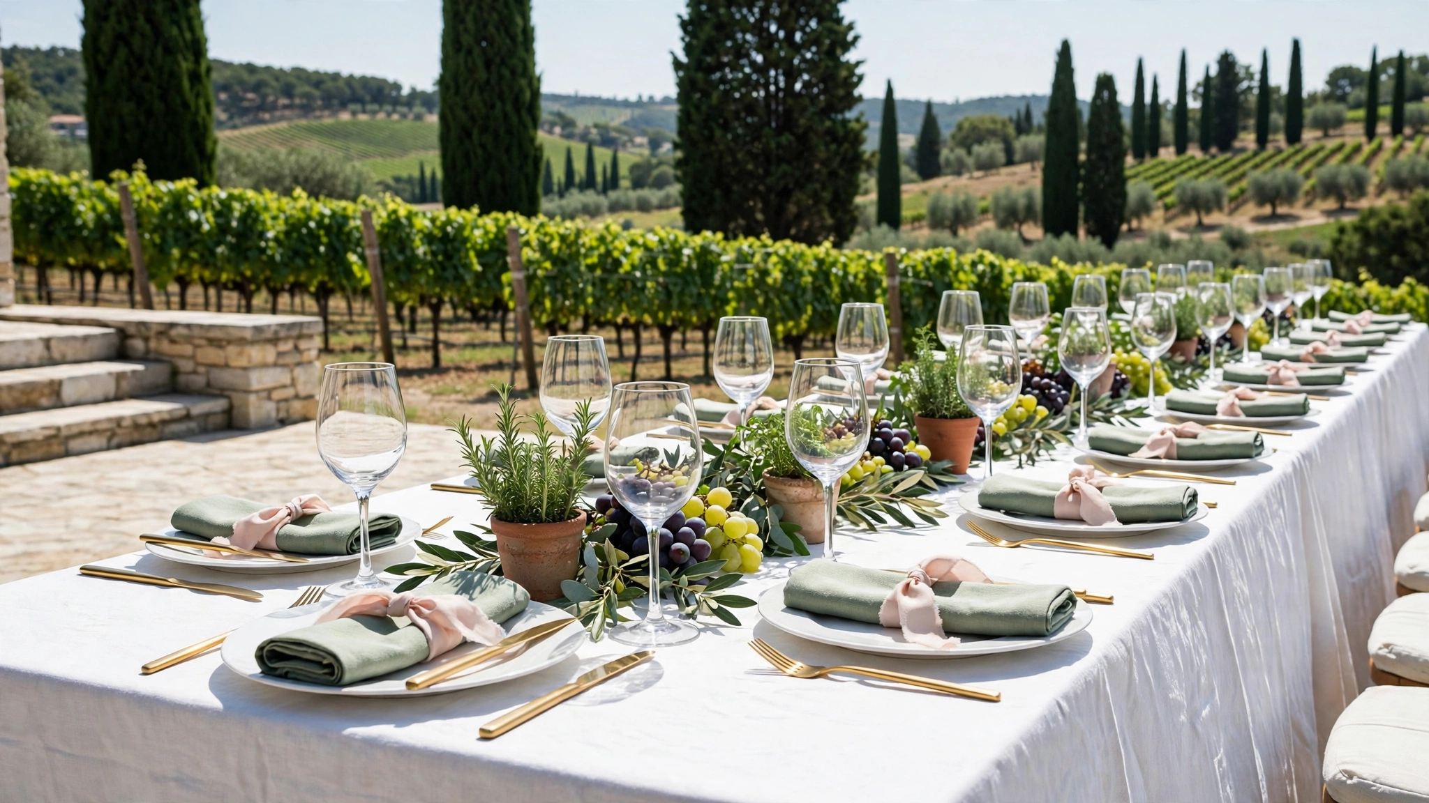 Elegant vineyard wedding table setting with sage linen napkins, gold cutlery tied with blush ribbon and wine glasses on a sunlit terrace