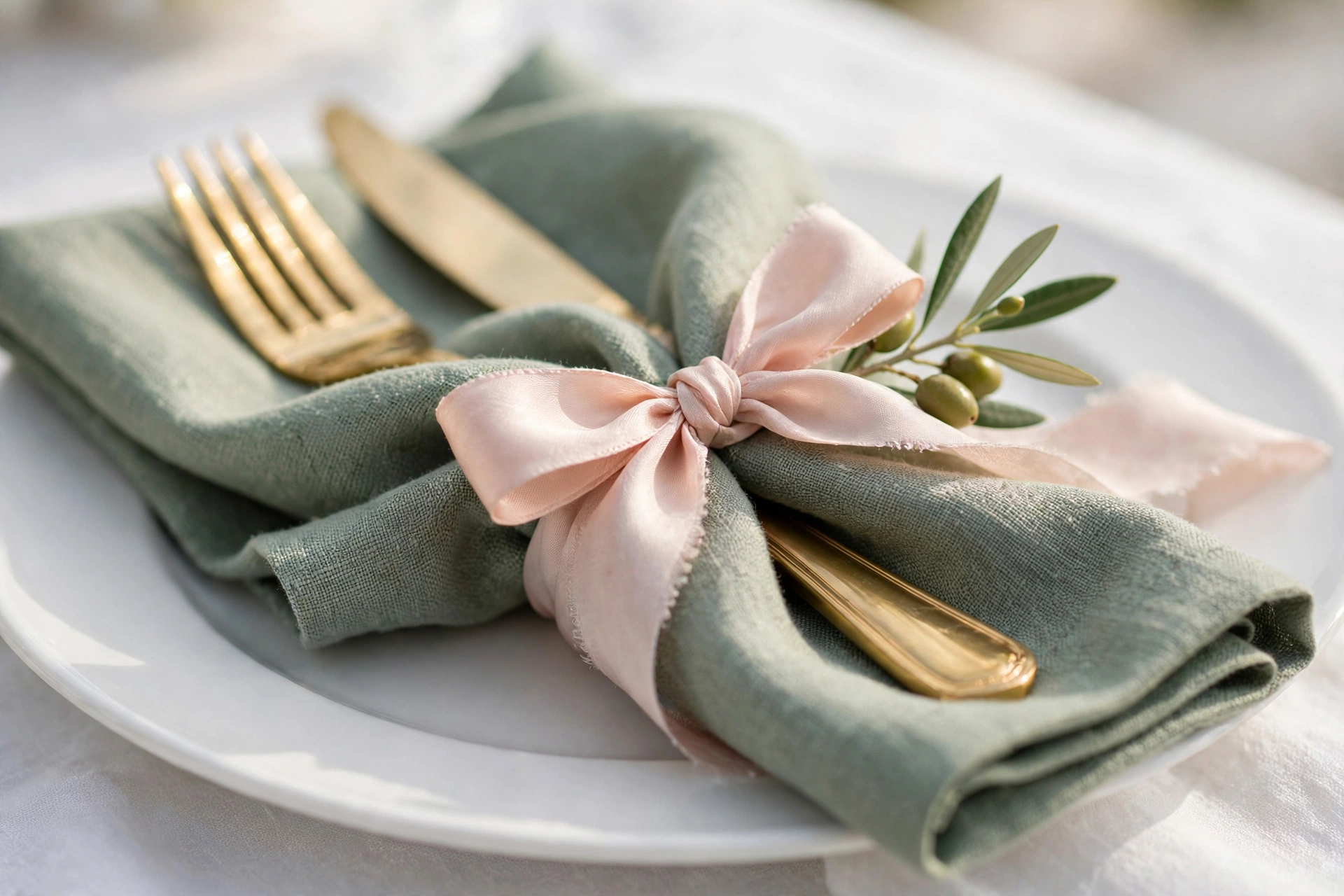 Close-up of a sage linen napkin with gold fork and knife tied in a blush silk ribbon bow on a white charger