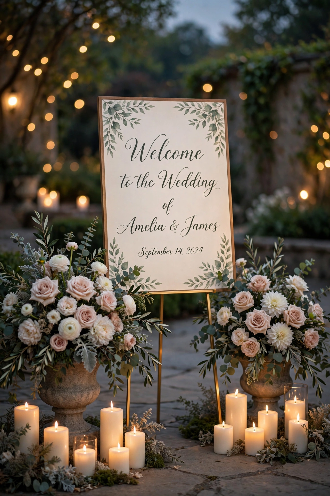 Intimate wedding welcome area at dusk with calligraphy welcome sign, white roses and glowing pillar candles