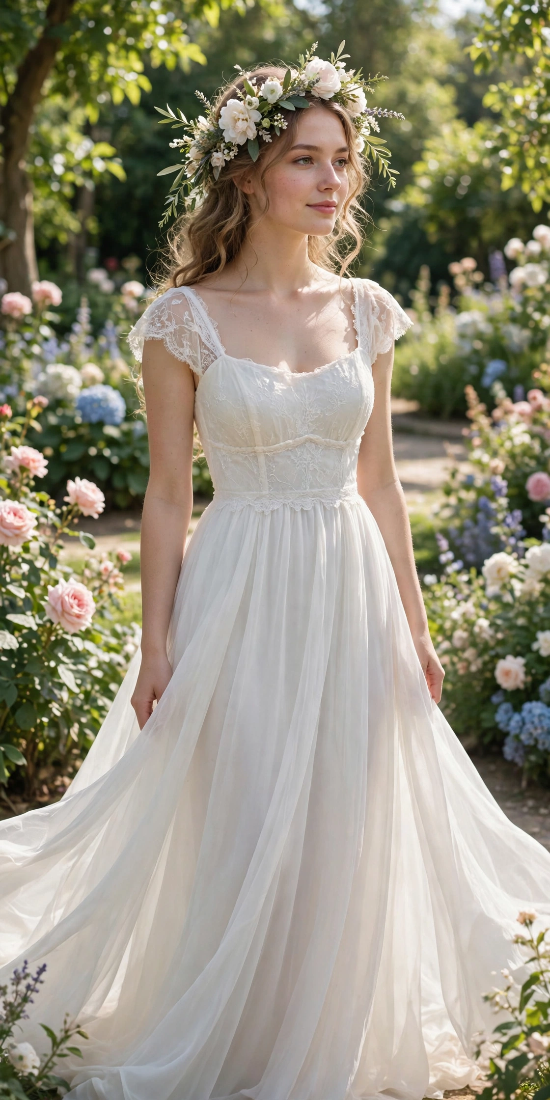 Wedding dress with an empire waistline on a model in soft daylight