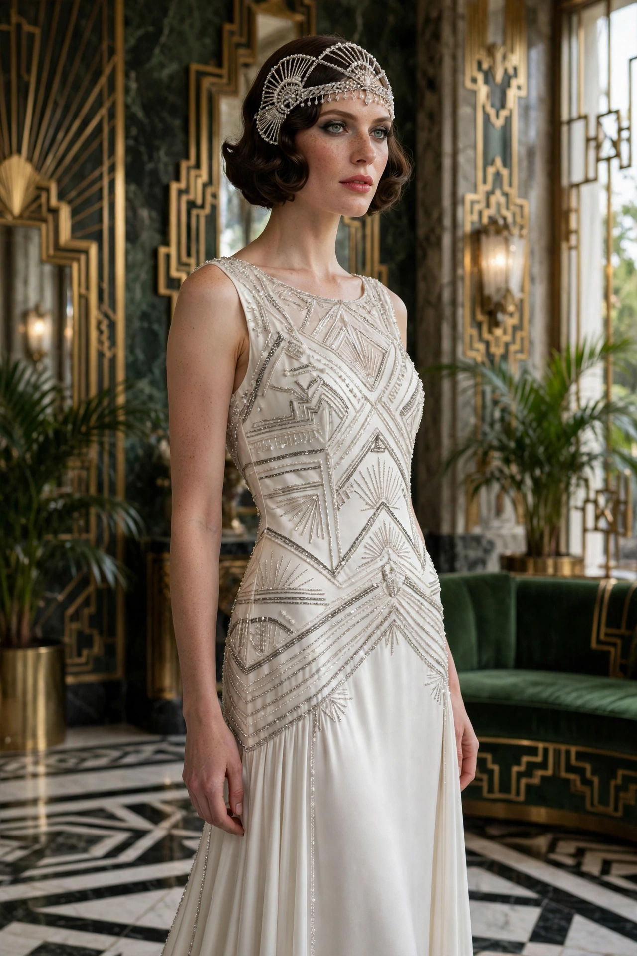Bridal gown with a dropped waistline and flowing skirt