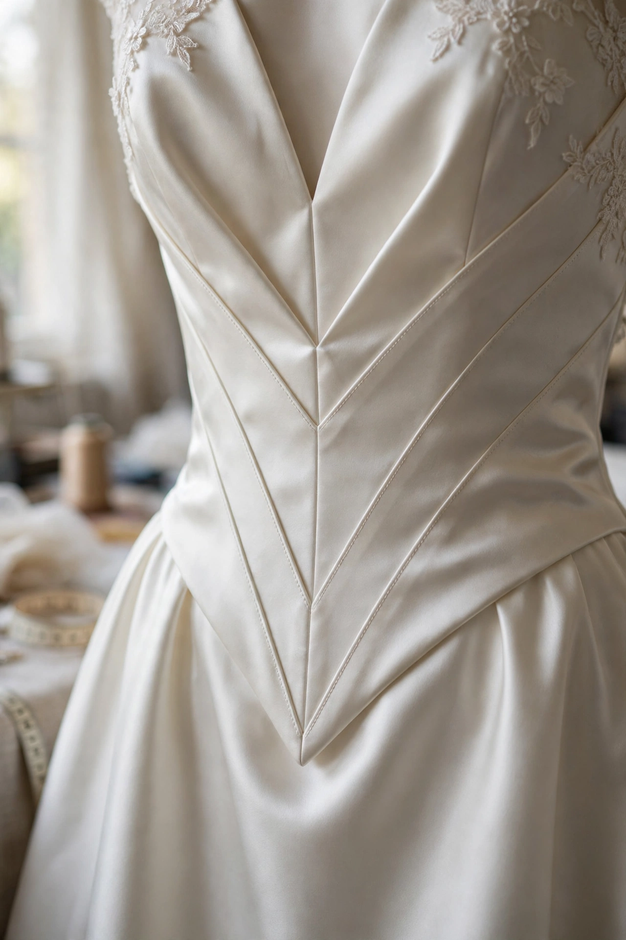 Wedding dress with a basque waistline showing sculpted V-shaped seaming