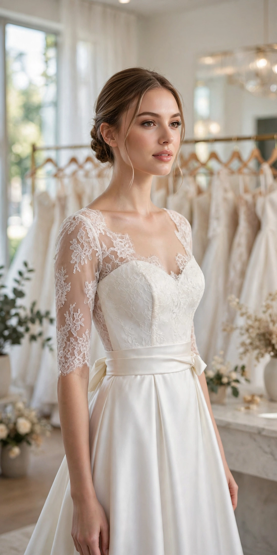 Bride in a wedding gown with a defined natural waistline standing in a bridal salon