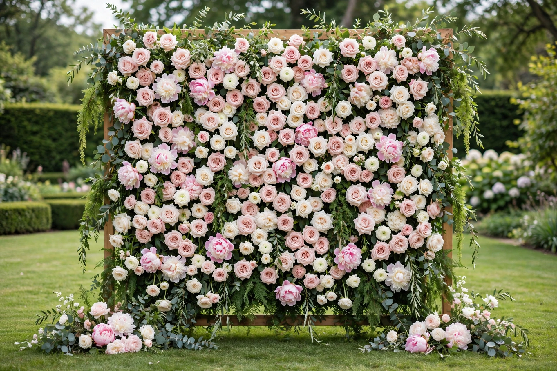 Blush pink and ivory flower wall wedding backdrop on a garden lawn