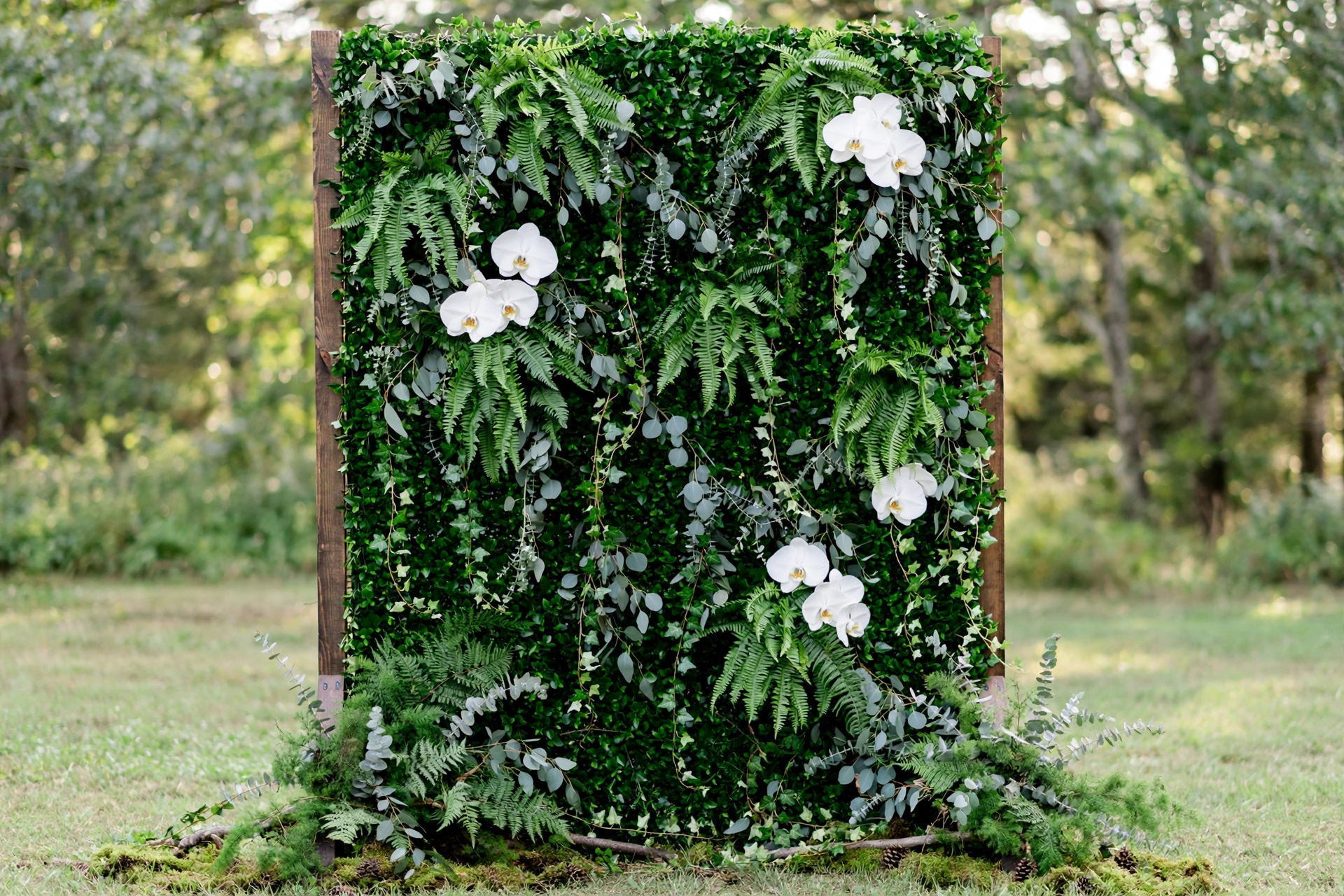 Greenery hedge wall wedding backdrop with ferns, eucalyptus and white orchids