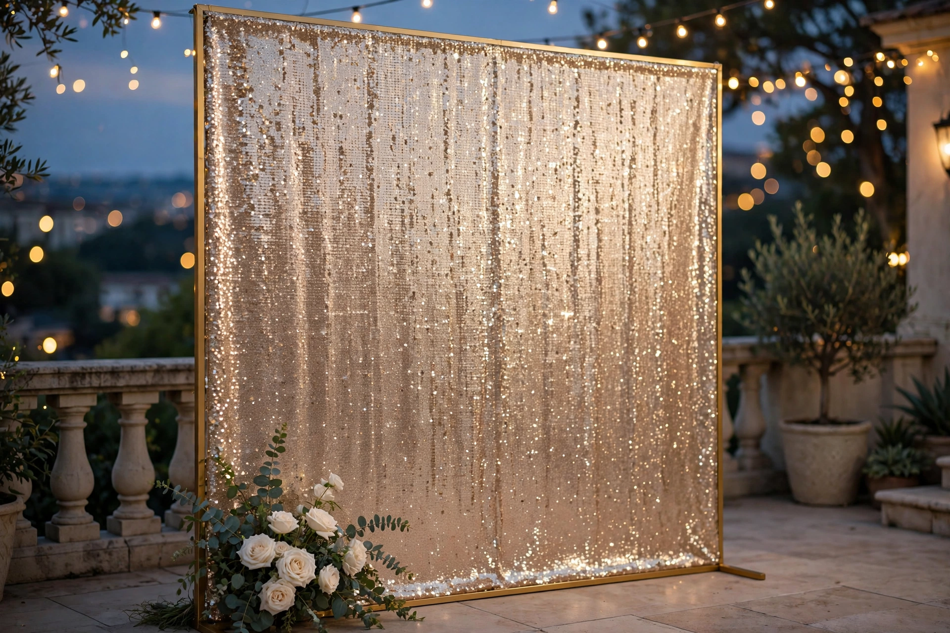 Champagne gold shimmer sequin wedding backdrop with roses at a dusk reception