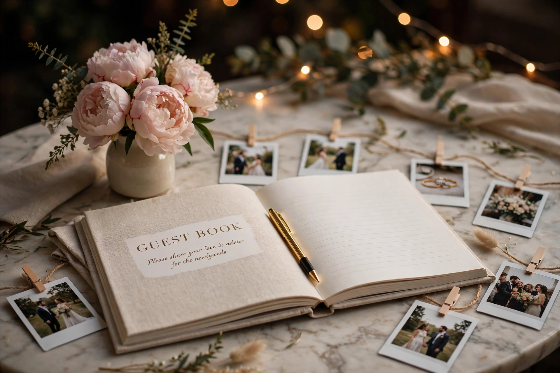 Wedding guest book station with polaroid photos on fairy lights and blush peonies