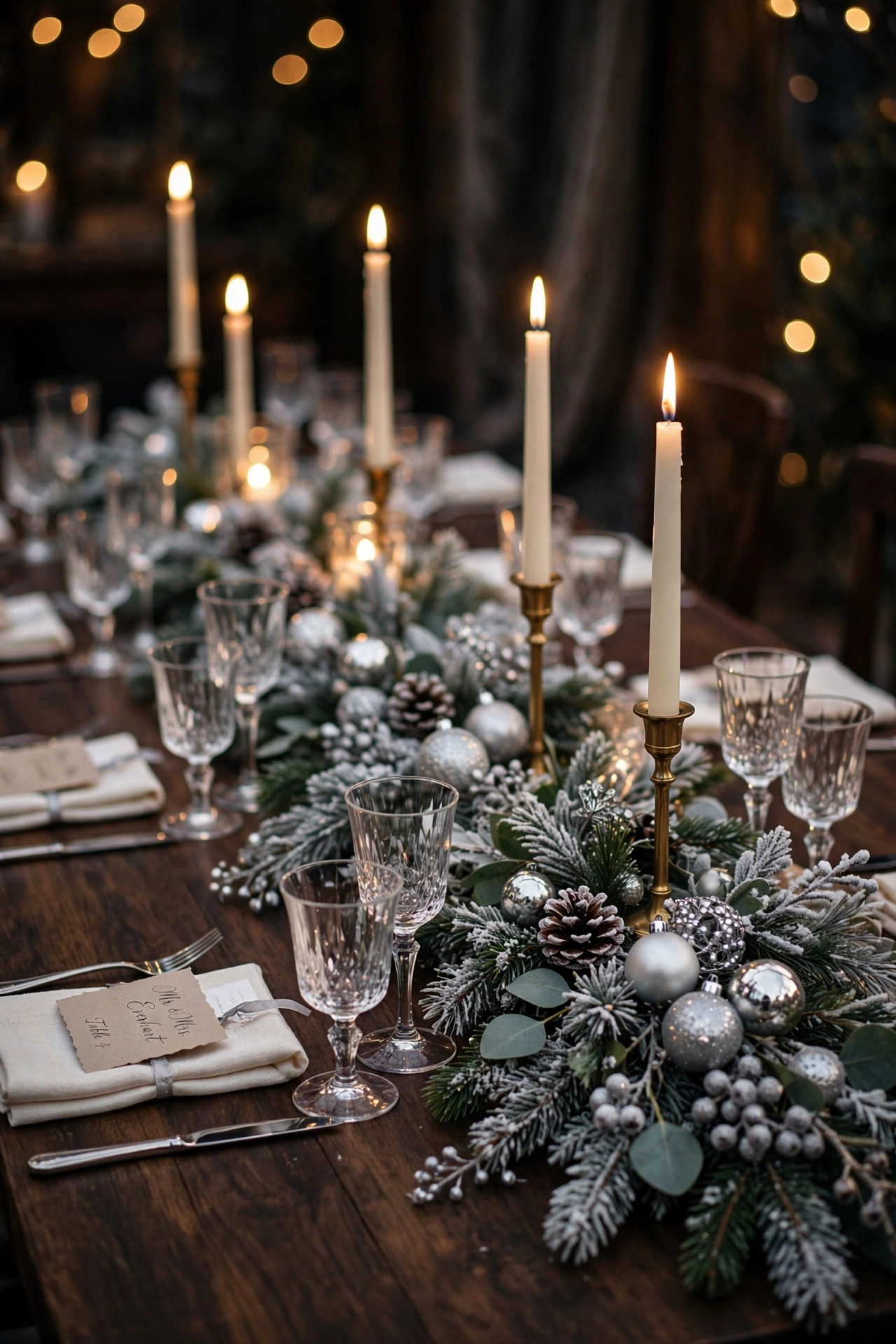 Winter wedding tablescape with frosted greenery and taper candles