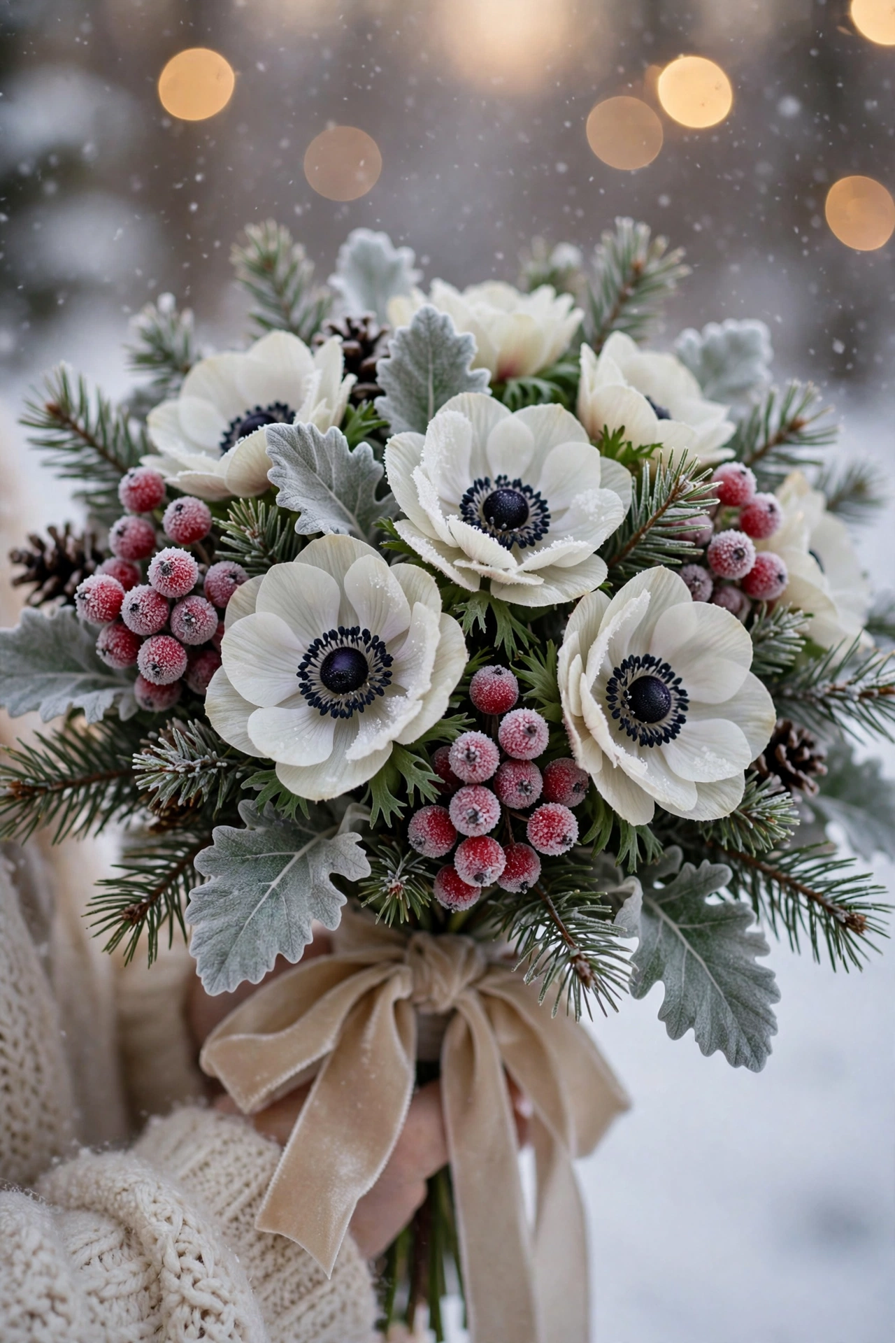 Winter bridal bouquet with anemones, dusty miller and frosted berries