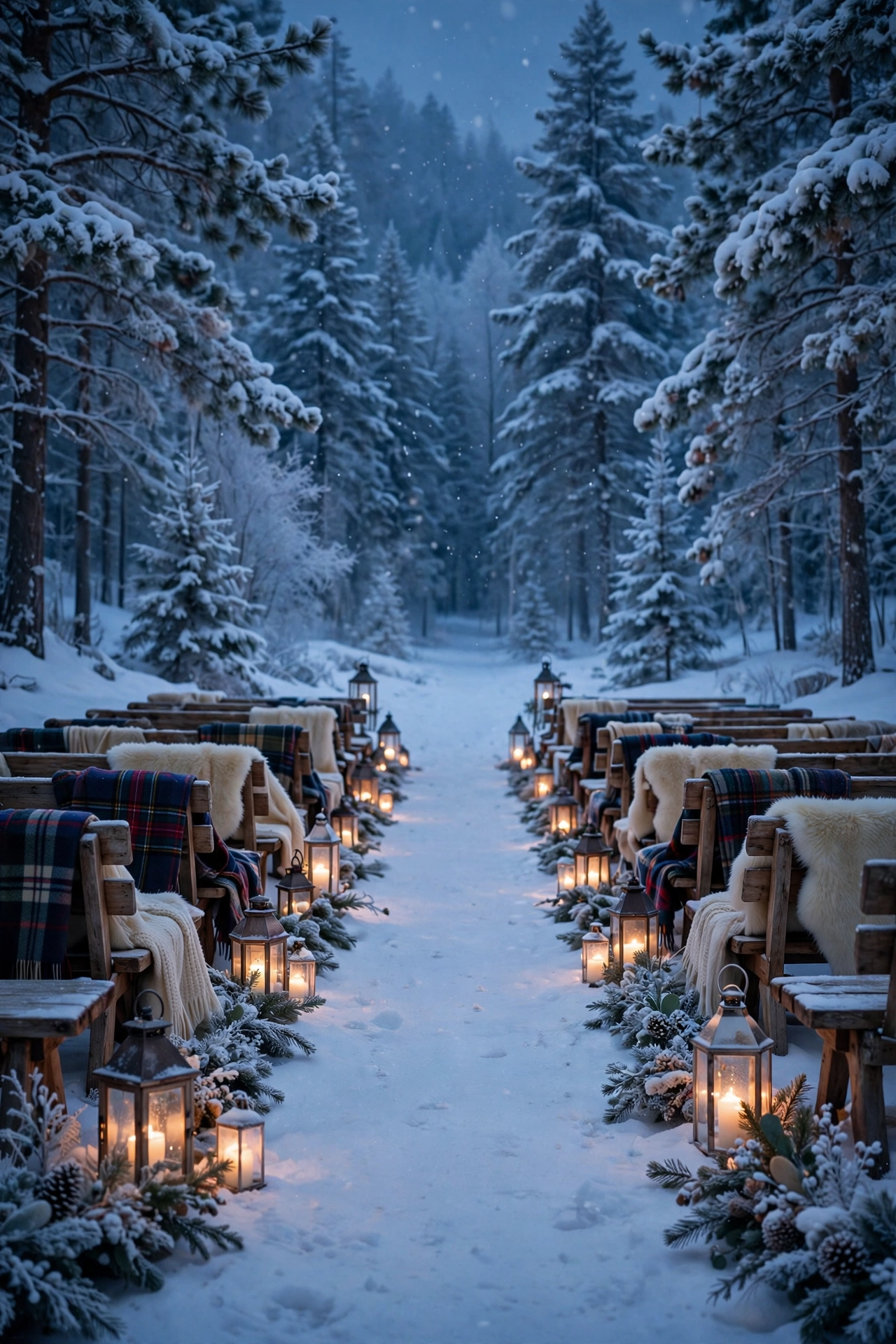 Snowy outdoor wedding aisle lined with glowing lanterns