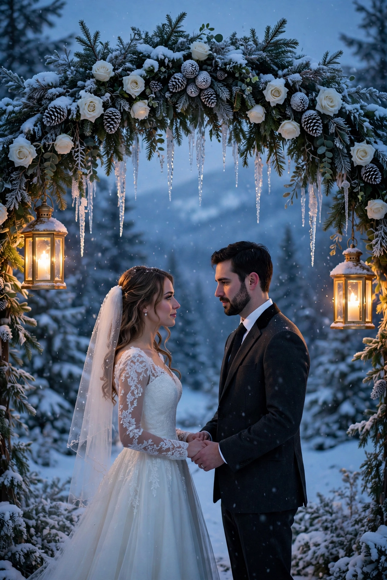 Bride and groom under a snow-dusted evergreen wedding arch with lanterns