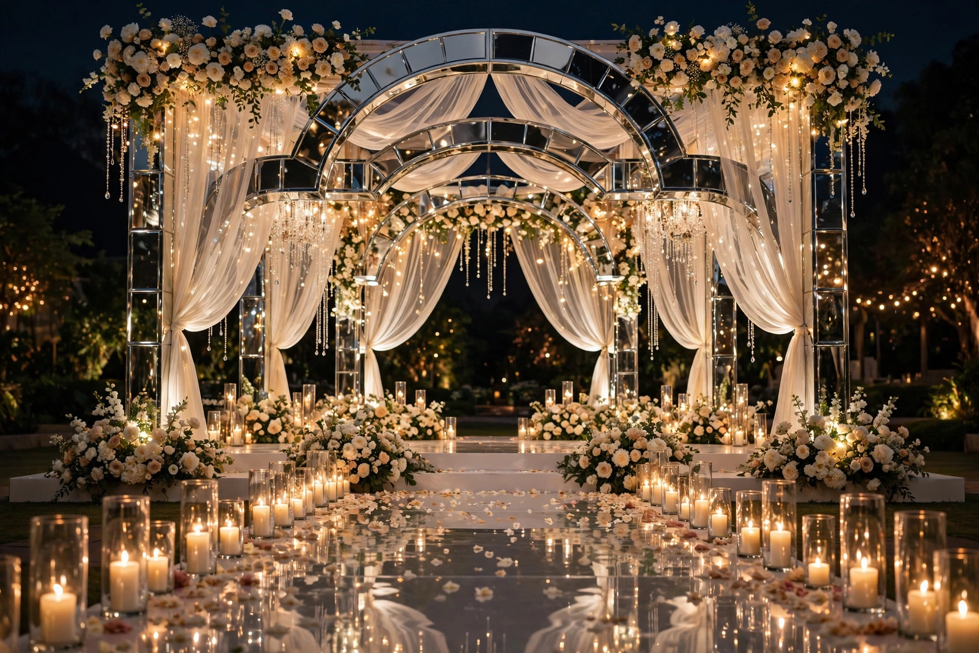 Luxurious Indian wedding mandap at night with mirrored glass arches, ivory flowers and candle-lit reflective aisle