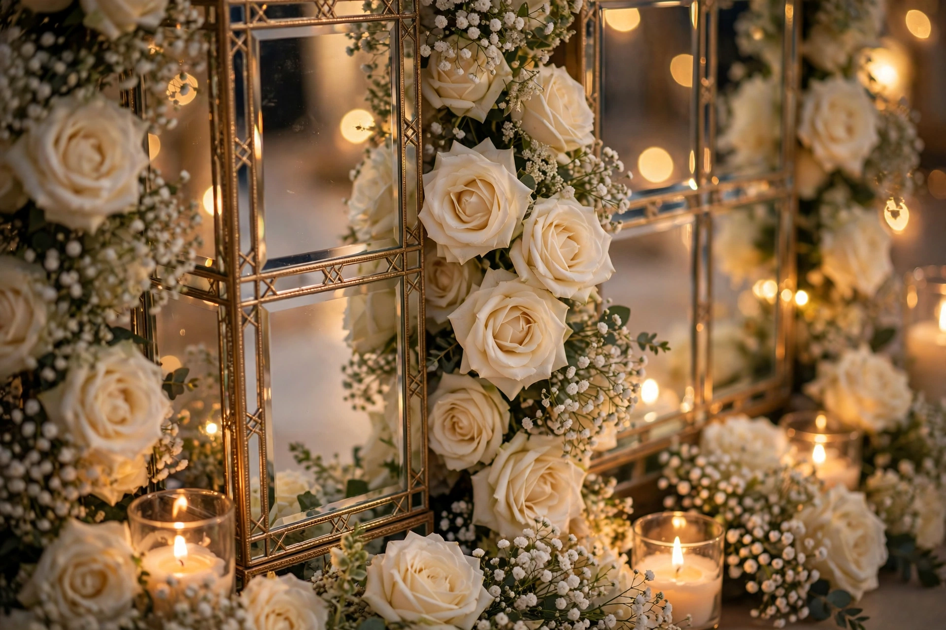 Mirrored wedding mandap arch with reflective glass panels, ivory roses and candlelight