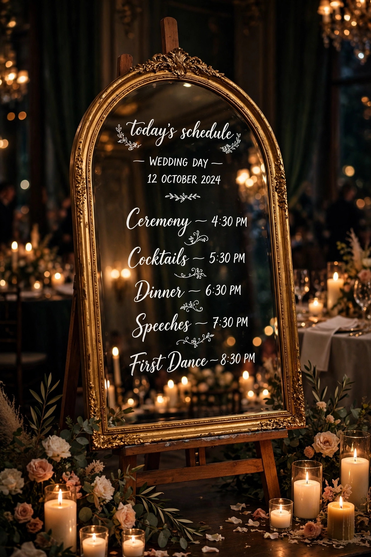 Arched gold mirror with white calligraphy wedding day timeline in a candlelit ballroom
