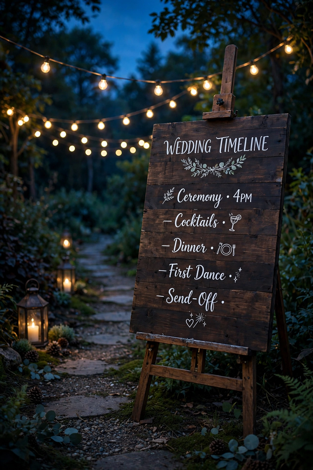 Dark wooden plank wedding timeline board with white lettering under string lights at dusk