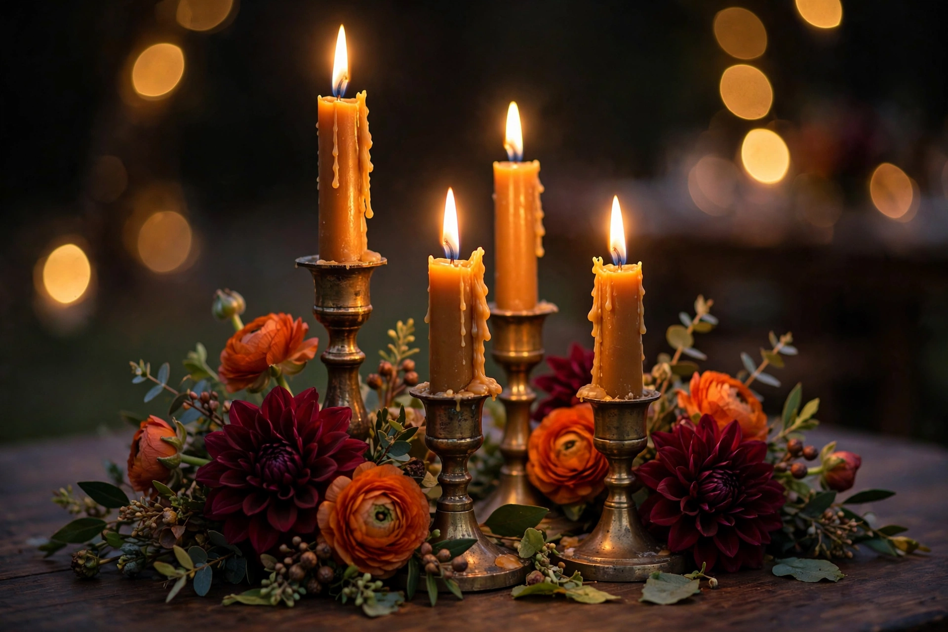 Candlelit wedding tablescape close-up — amber taper candles in brass holders surrounded by burgundy dahlias and burnt-orange ranunculus