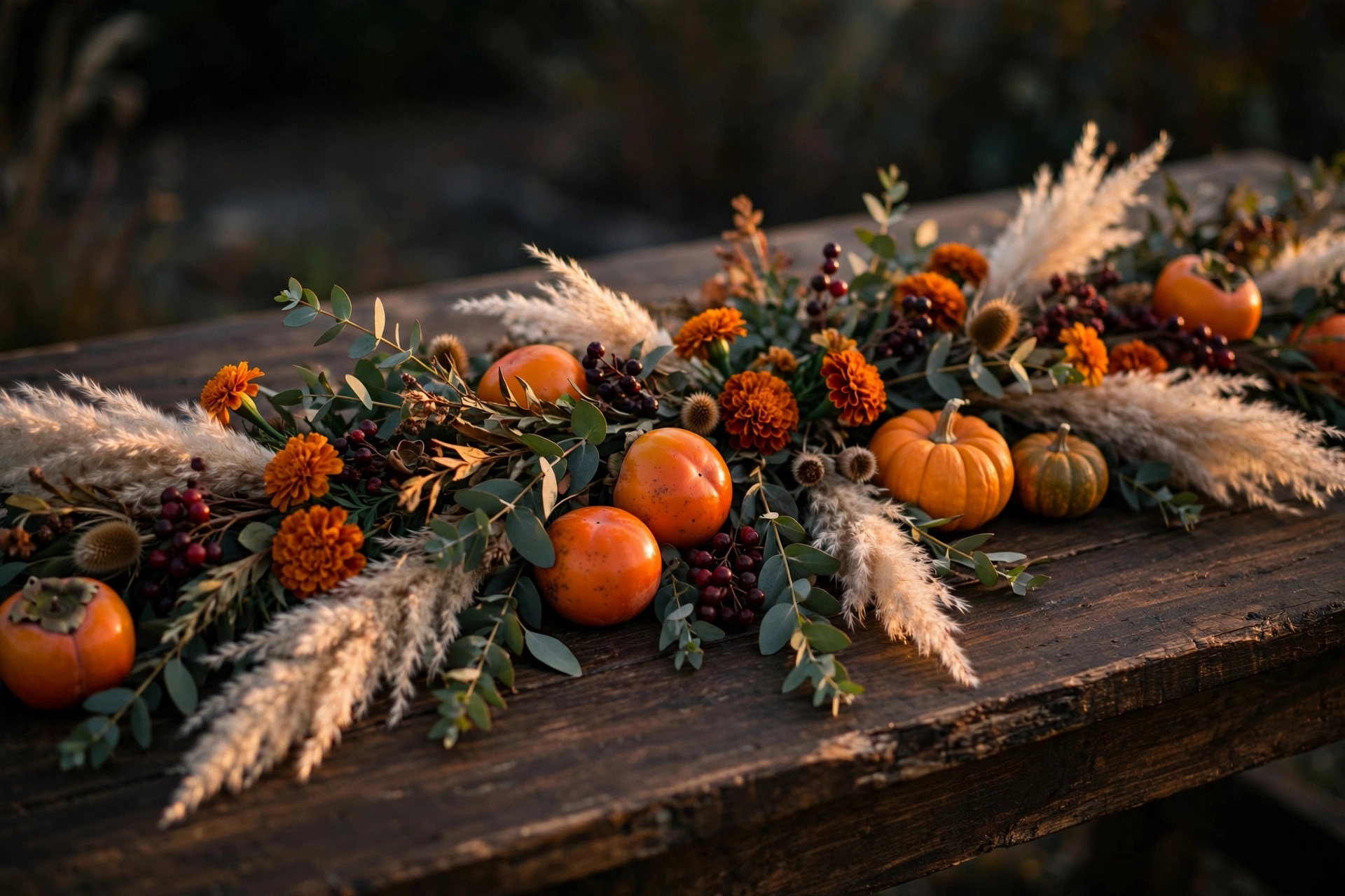 Fall wedding table runner with eucalyptus, pampas grass, persimmons, mini pumpkins and burnt-orange marigolds at golden dusk