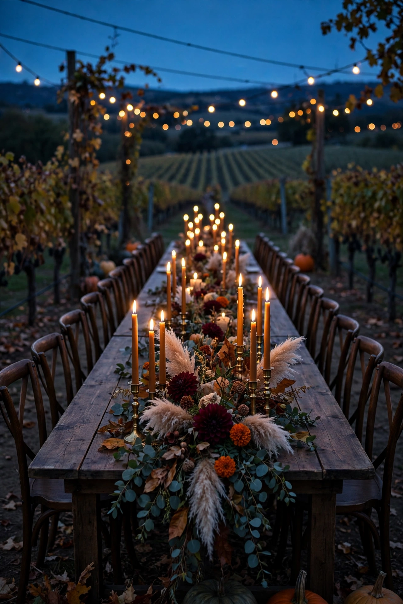 Fall wedding tablescape at blue hour — long vineyard banquet table with amber taper candles, burgundy dahlias and burnt-orange marigolds