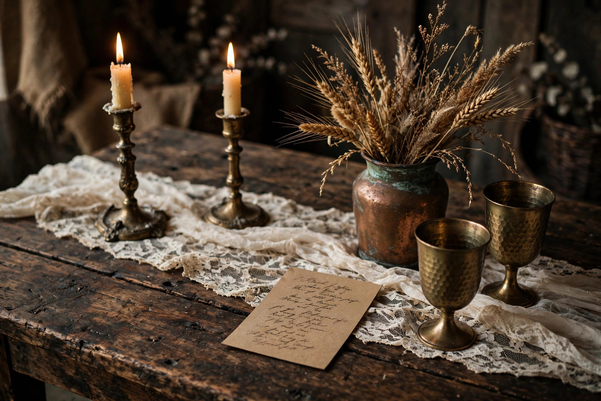 Vintage wedding tablescape with aged lace runner, antique brass candlesticks, copper vase of wheat and a handwritten kraft menu card
