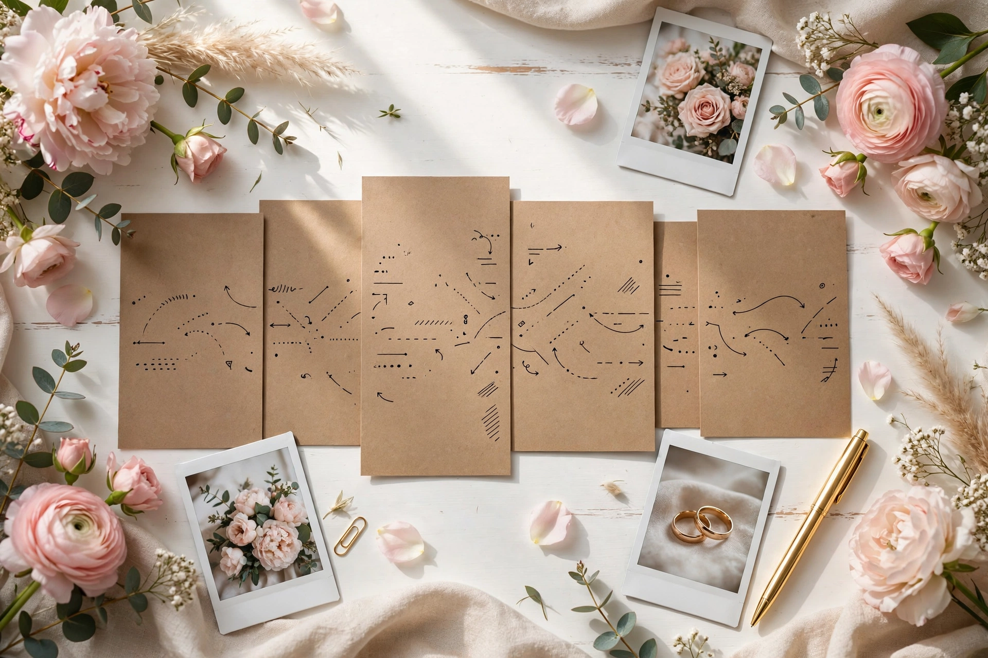 Wedding weekend planning flat lay with schedule cards, polaroid photos and gold pen