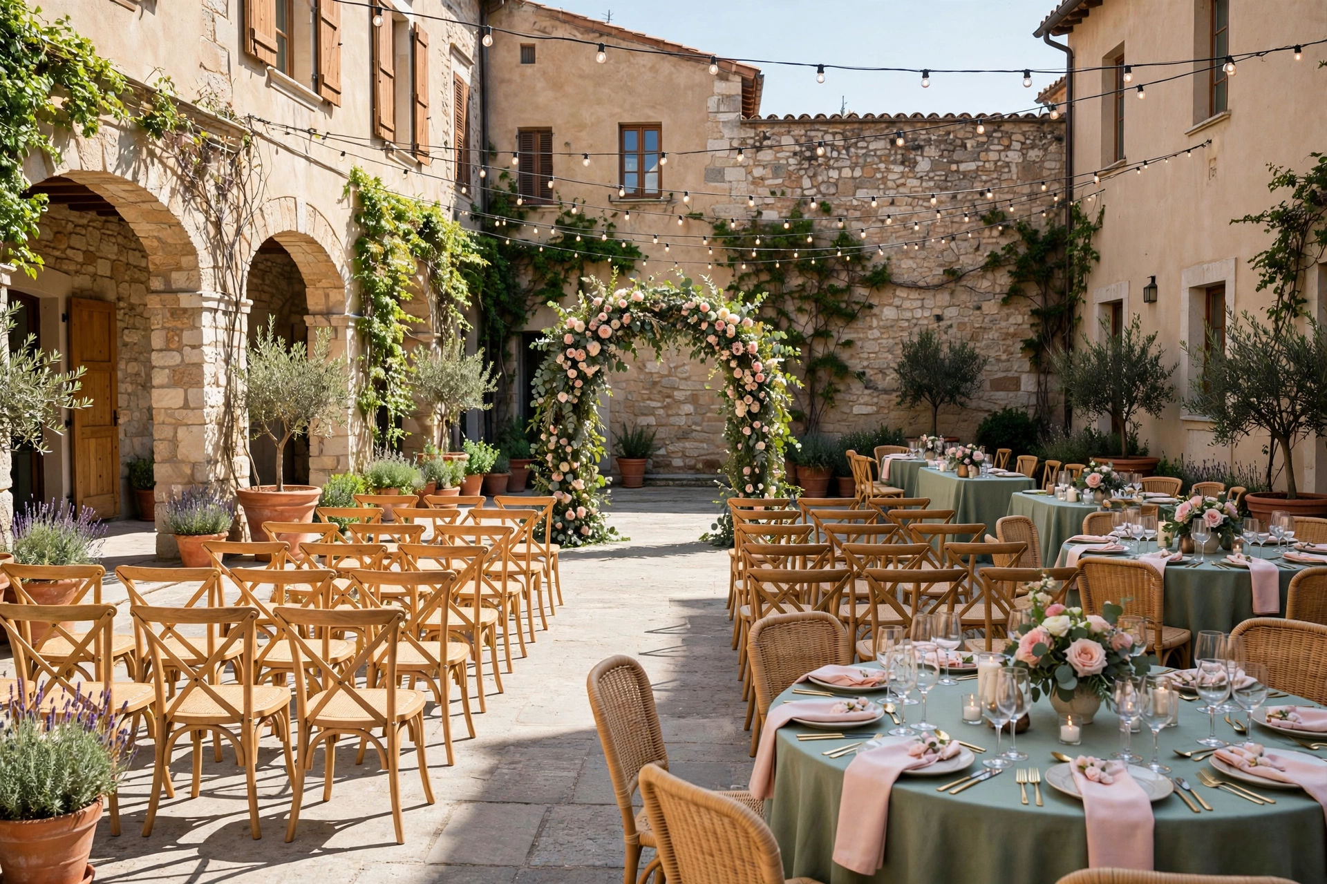 All-in-one wedding venue courtyard with ceremony chairs, floral arch and reception tables