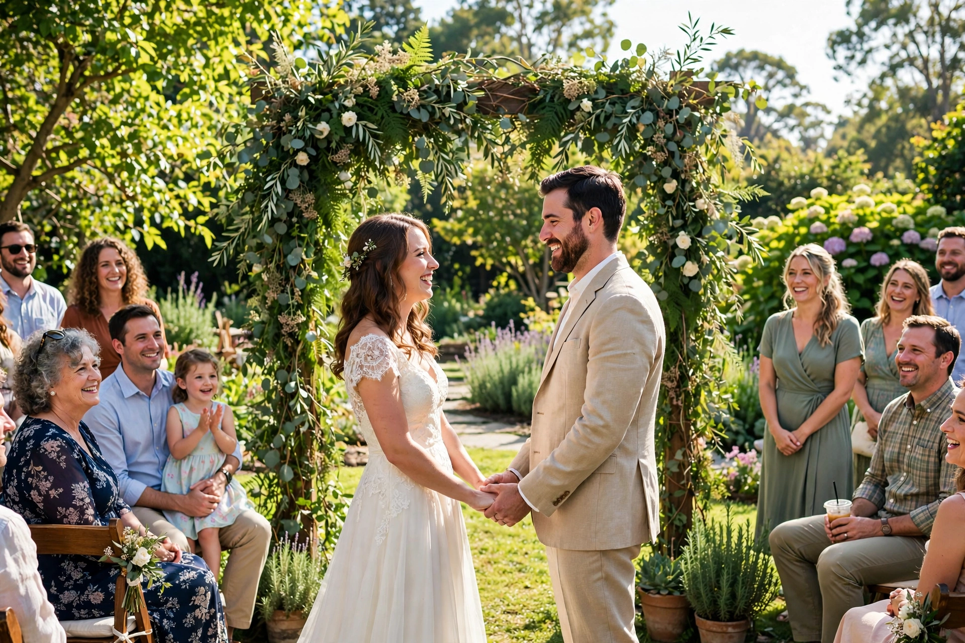 Joyful outdoor wedding ceremony under a greenery arch with guests