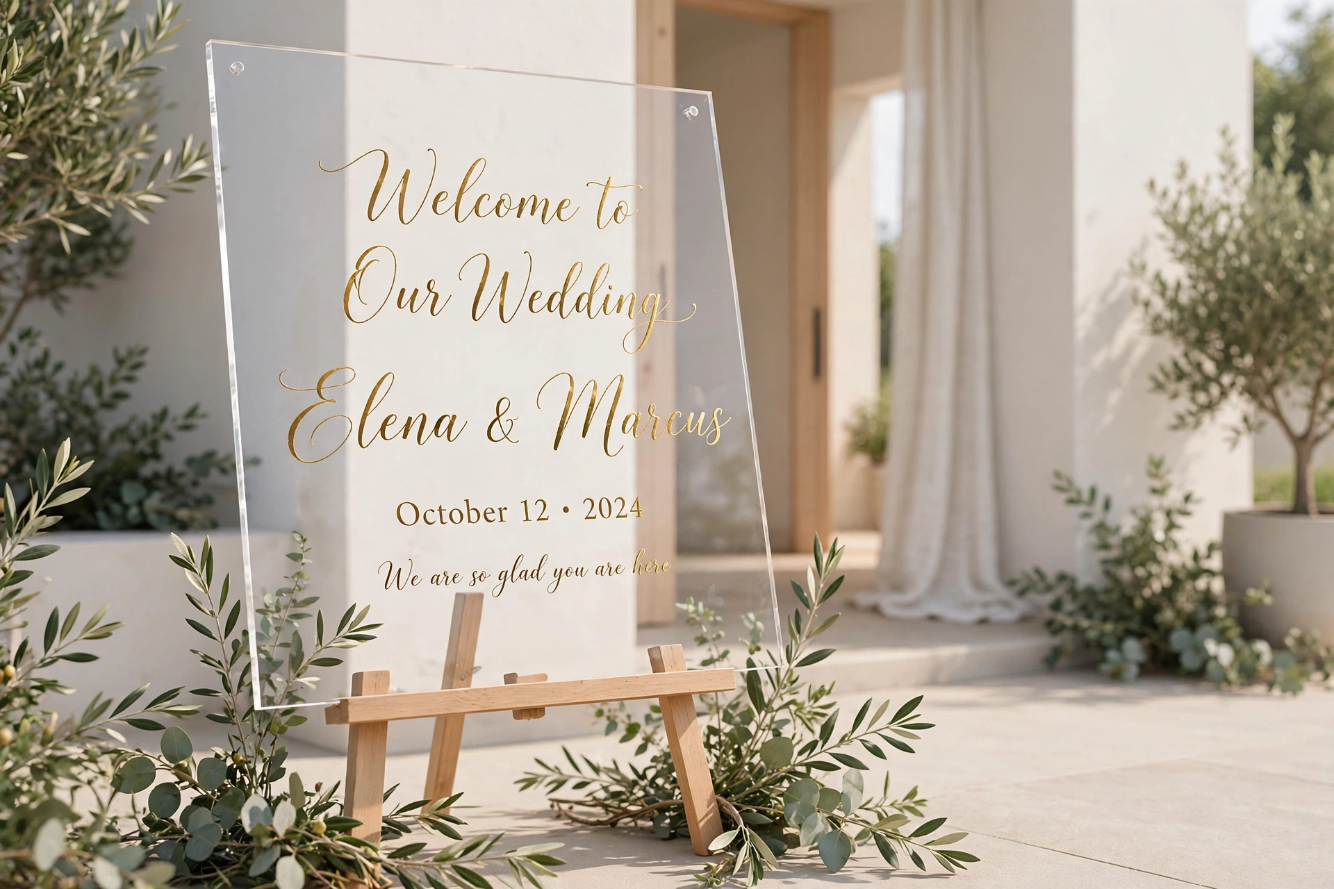 Modern clear acrylic wedding welcome sign with gold lettering