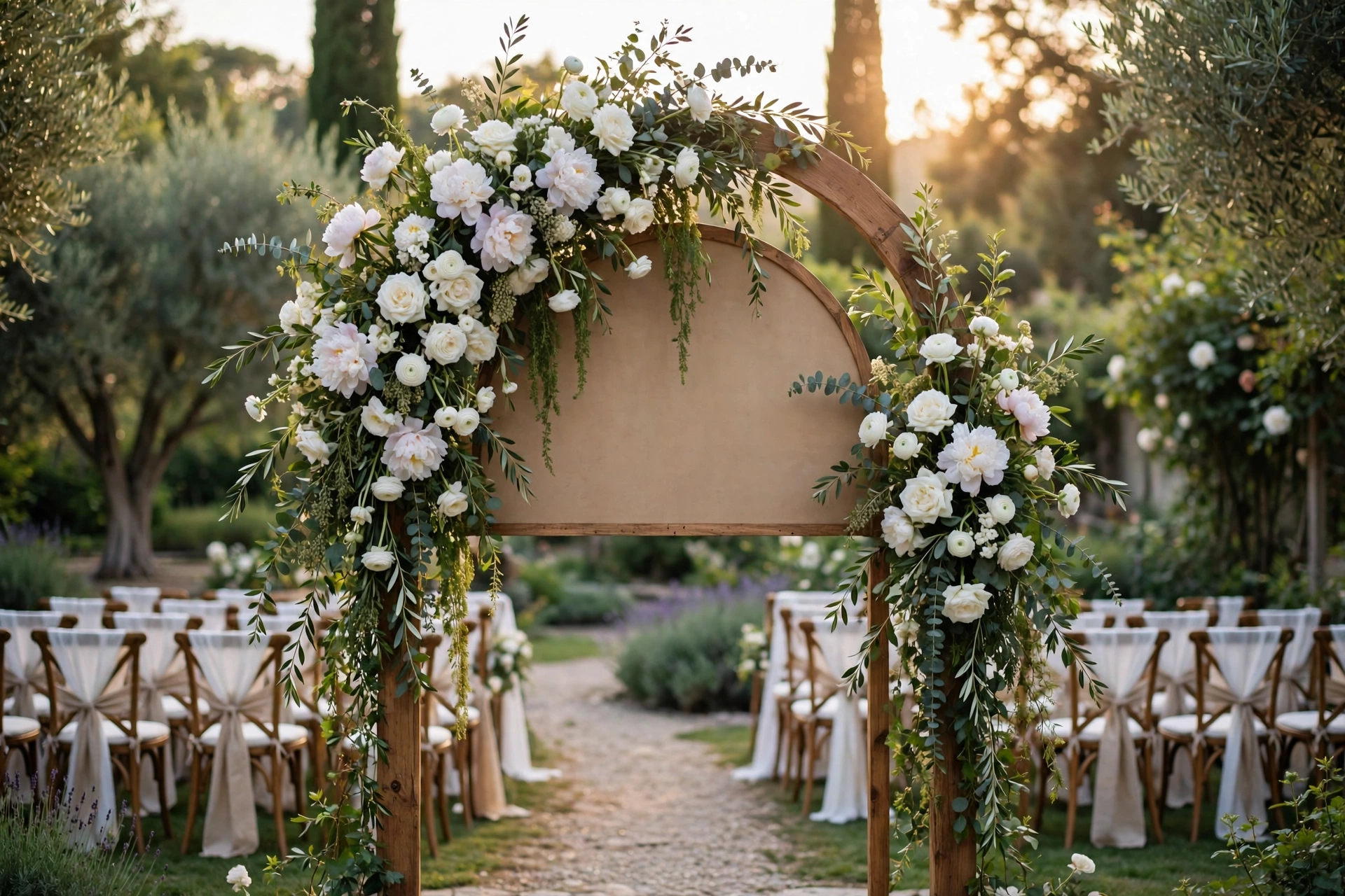 Elegant wedding welcome sign arch decorated with white flowers at a garden wedding