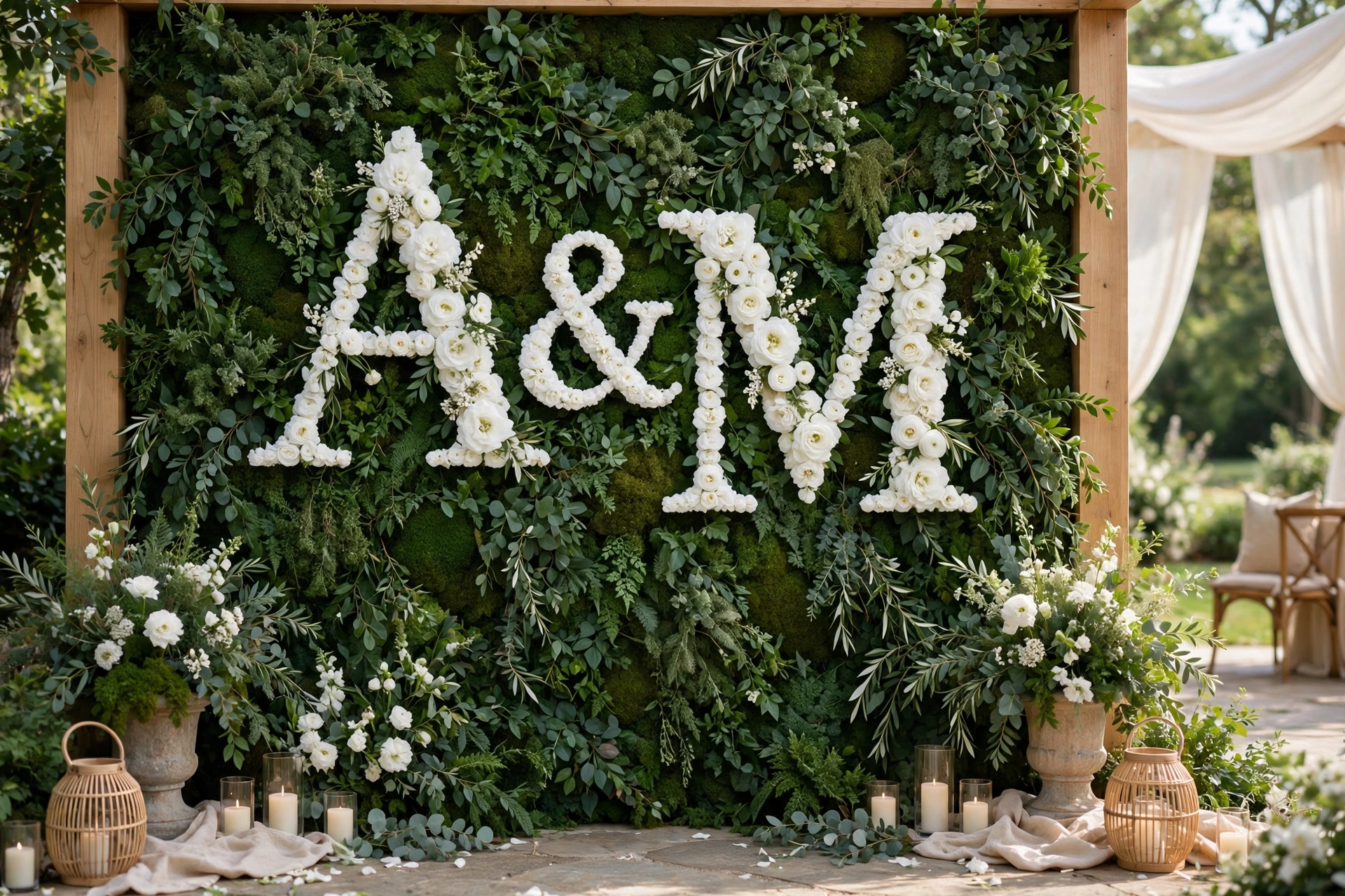 Greenery wall with large white floral monogram initials at a wedding entrance