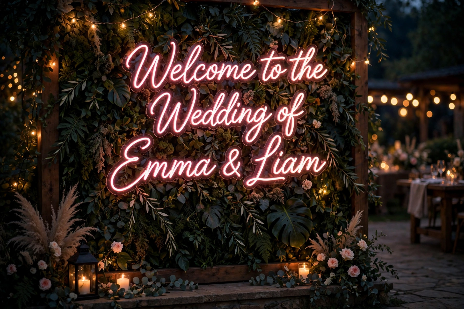 Custom neon wedding welcome sign glowing at an evening reception