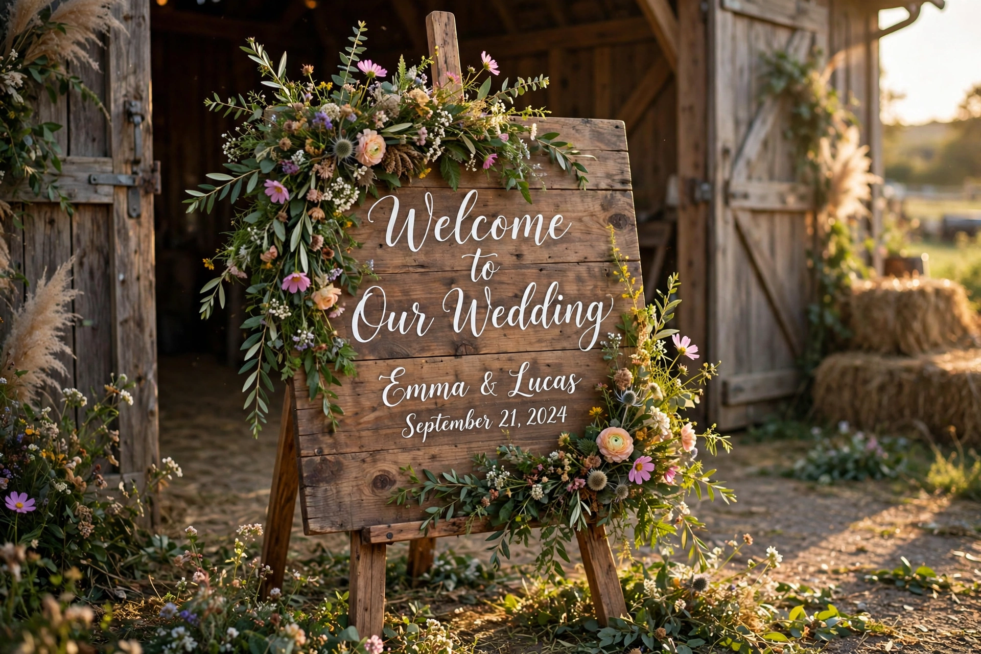 Rustic wooden wedding welcome sign with hand-painted lettering and wildflowers